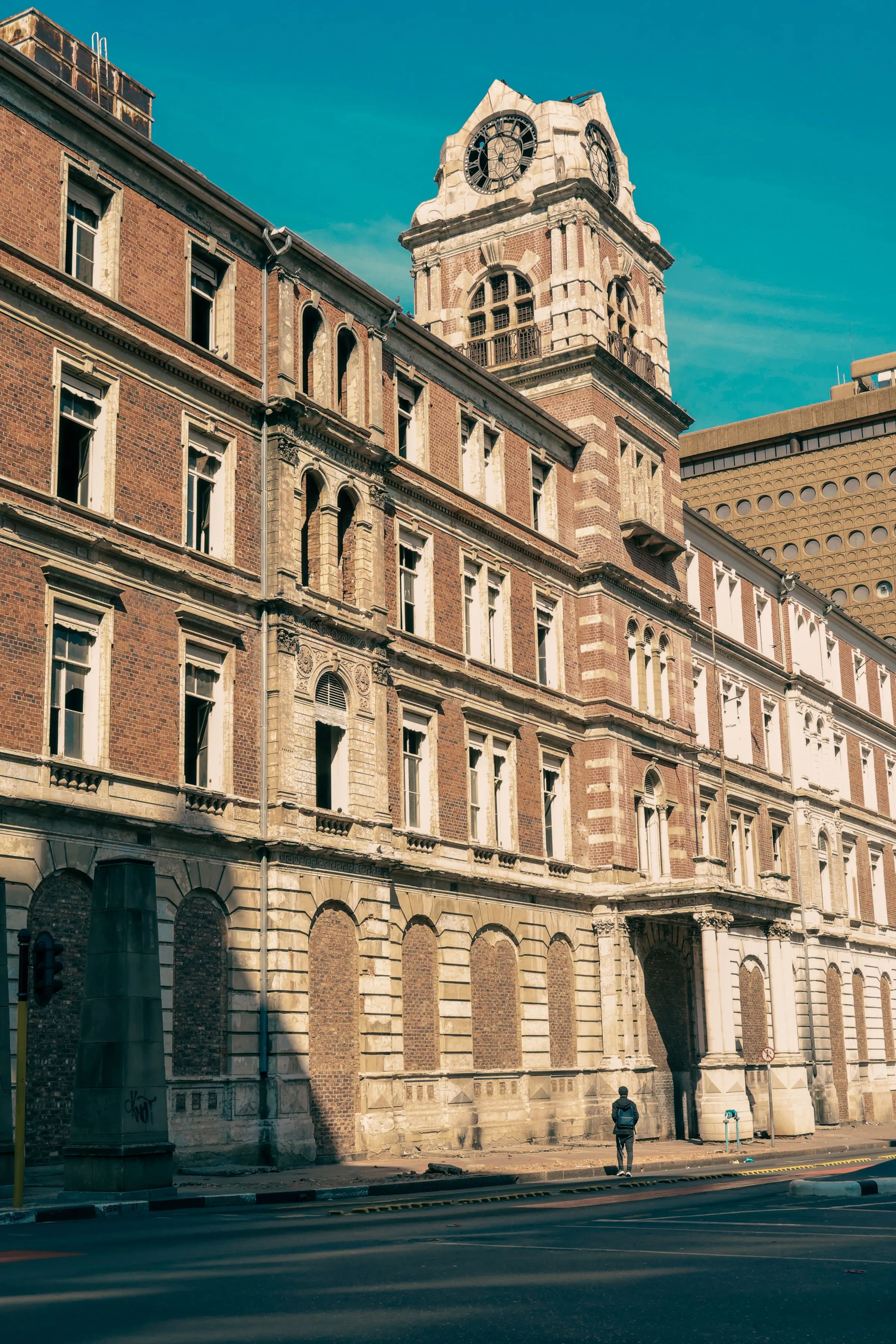 A historic civic building with a clock tower in Johannesburg