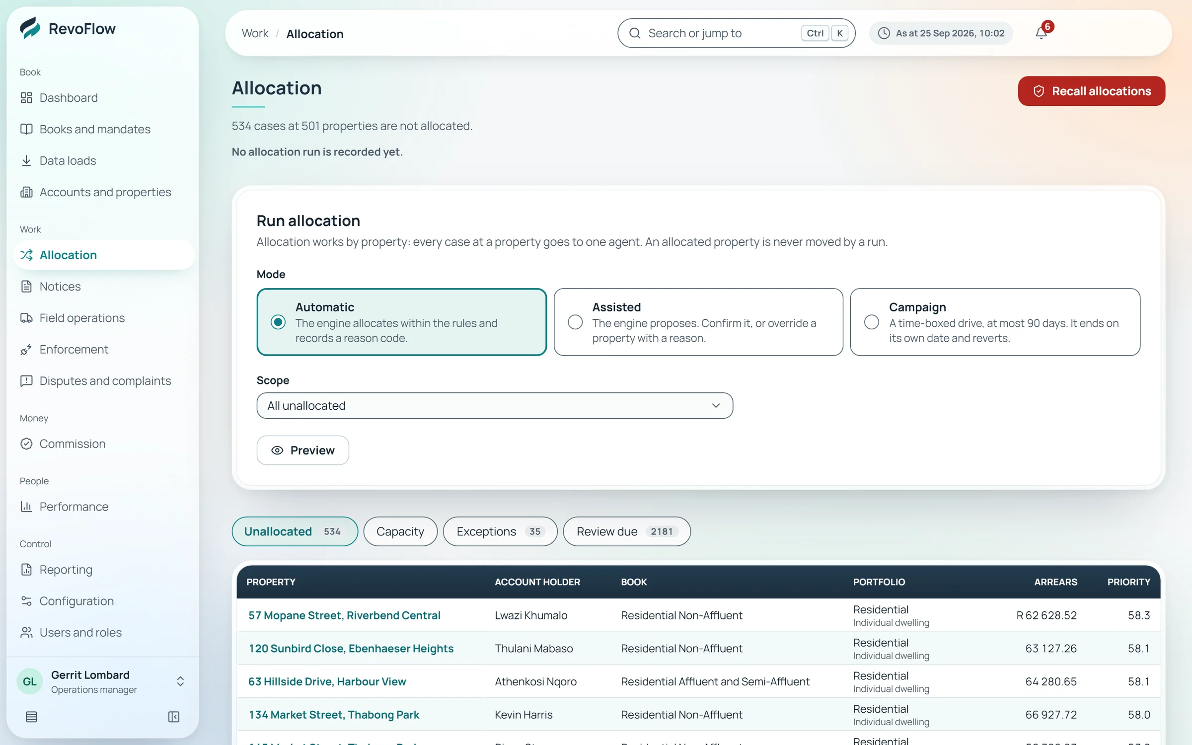 The allocation screen with unallocated properties