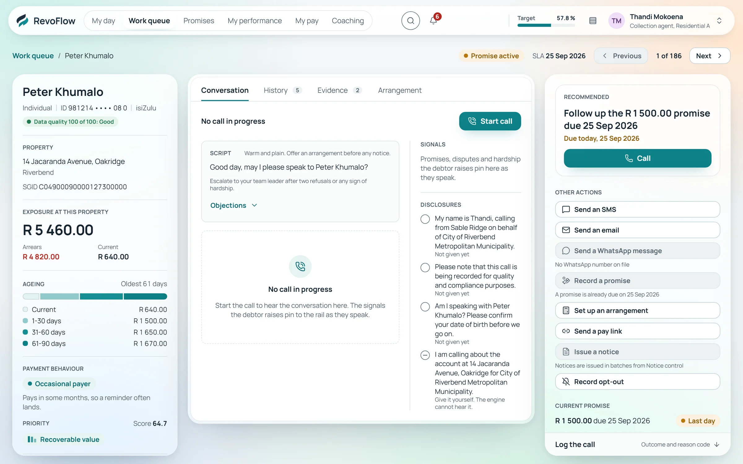 A case screen showing the customer, property, exposure, ageing, payment behaviour and the recommended next action