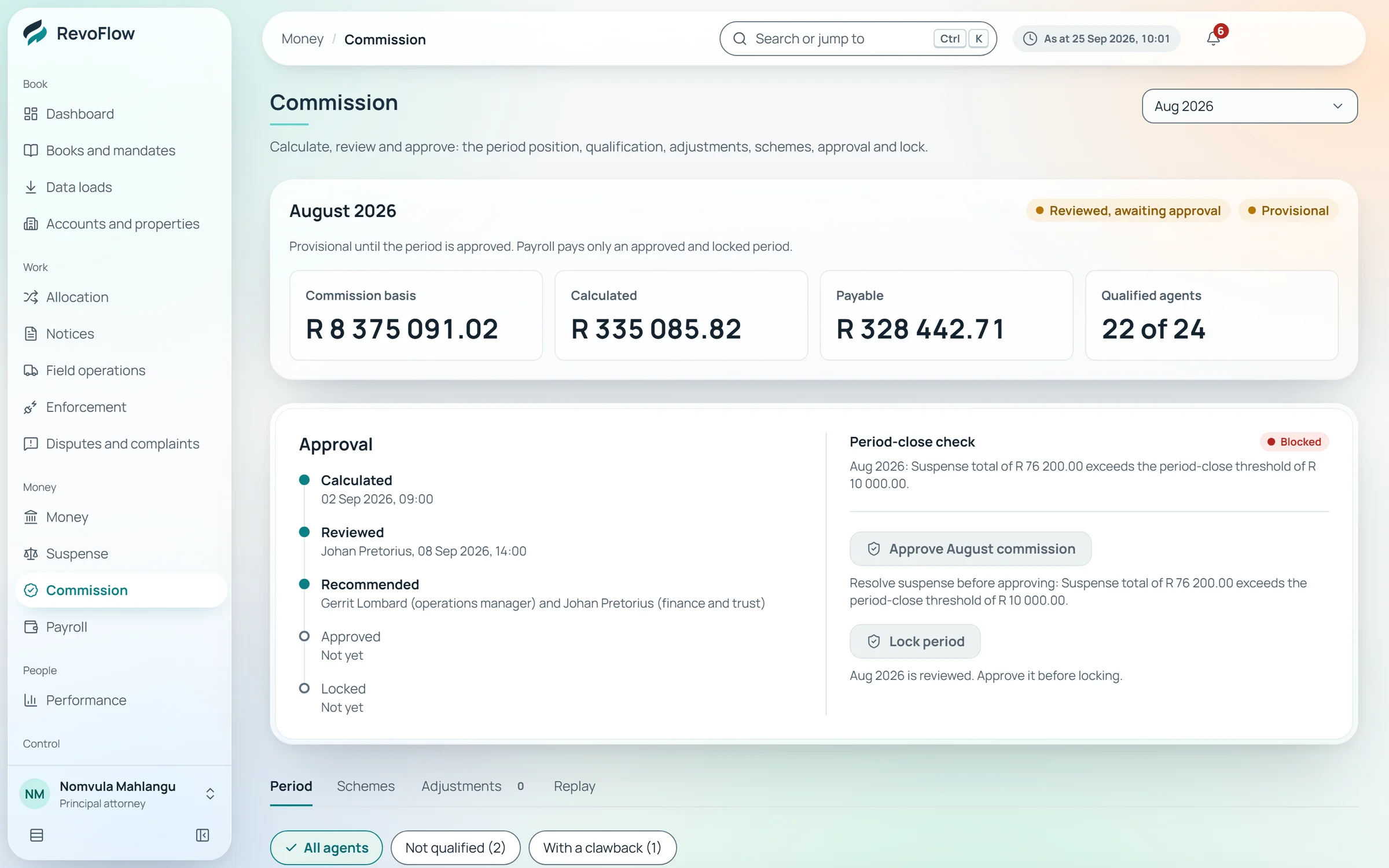 The commission screen for a month: commission basis, calculated, payable and qualified agents, with the approval steps