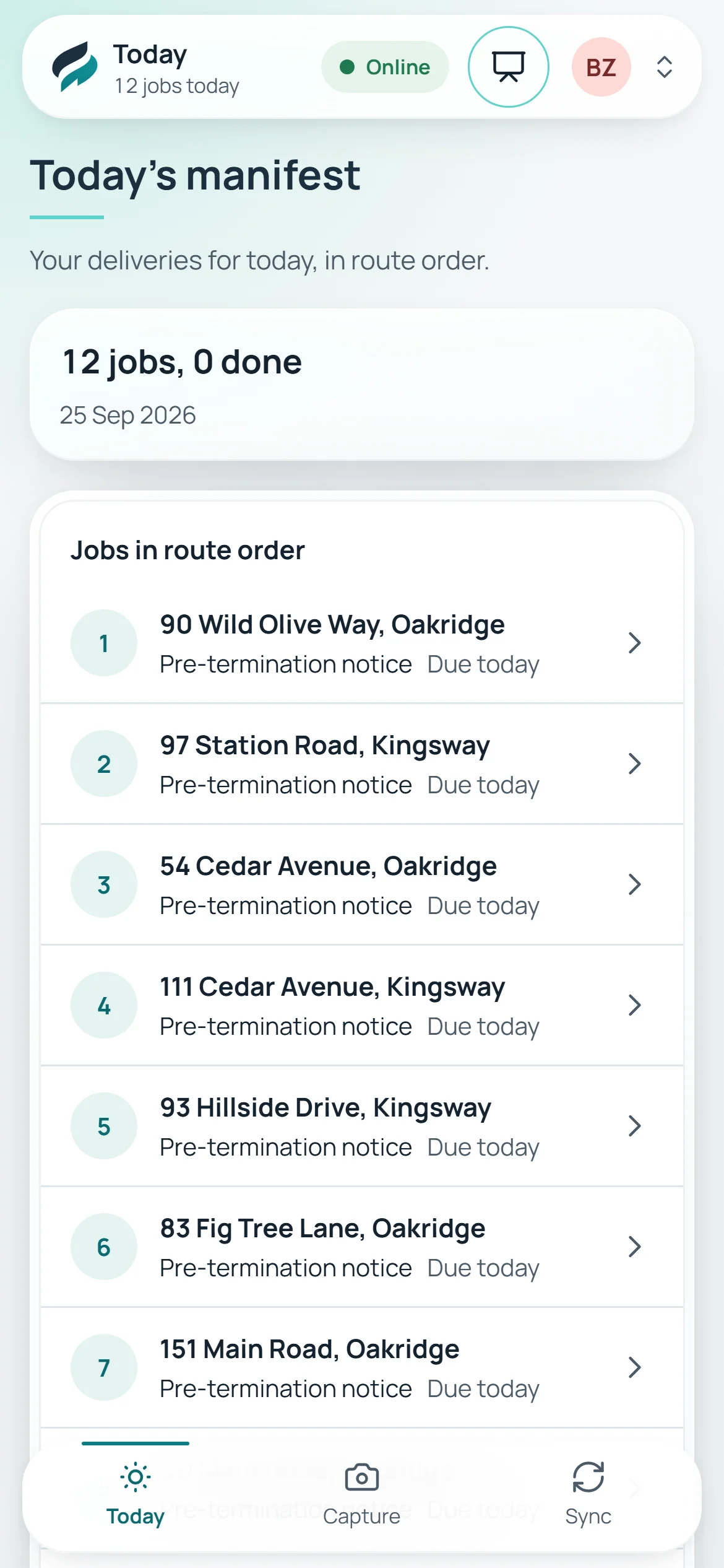 The field app’s manifest of the day’s delivery jobs
