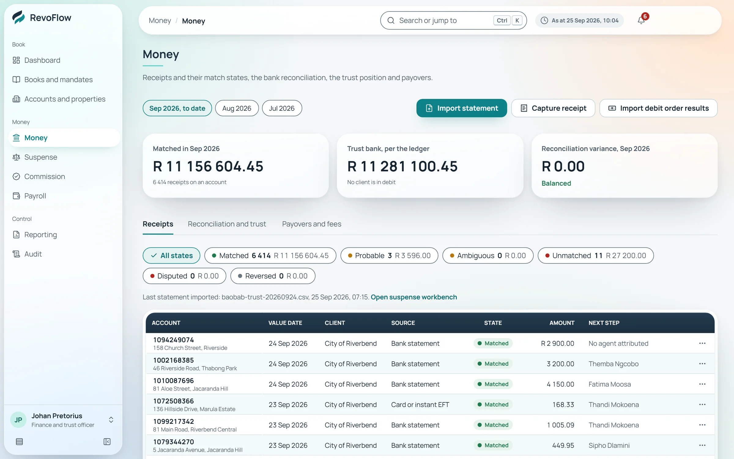 The money screen with matched receipts
