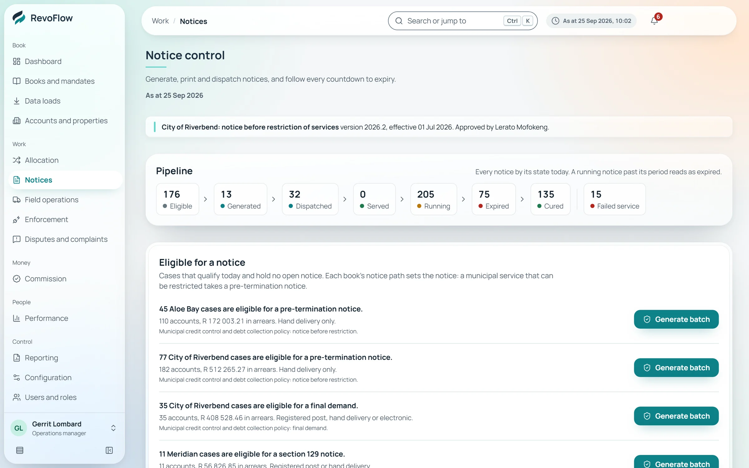 The notice control screen with the notice pipeline and the cases eligible for each notice